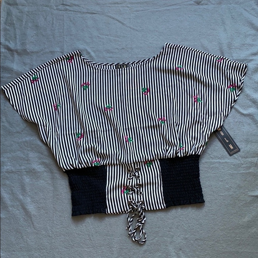 NWT OLM Black and White Cherry Top